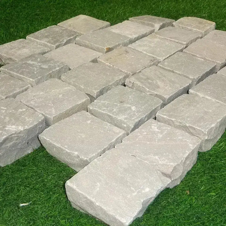 grey Indian sandstone cobbles setts 100 x 100