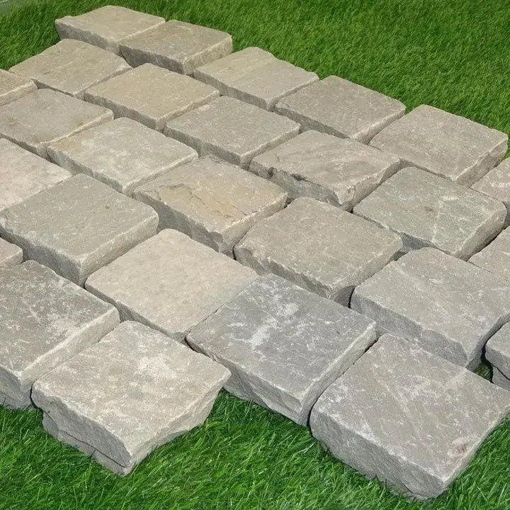 grey Indian sandstone setts cobbles 100 x 100